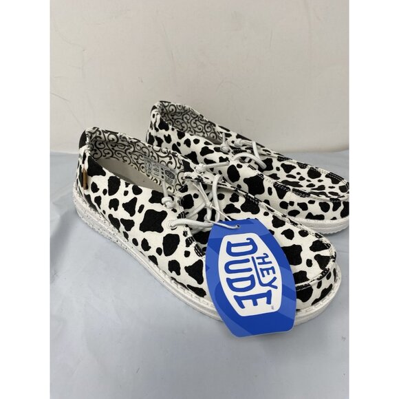 NWT Hey Dude Wendy Milky Way Black White Size 8 Cow Pattern Slip On - Picture 3 of 7